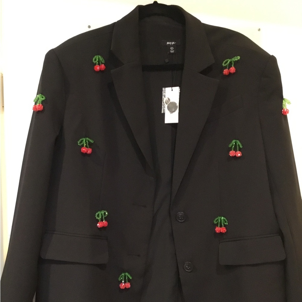 Nasty Gal Black Blazer with Cherry Embroidery